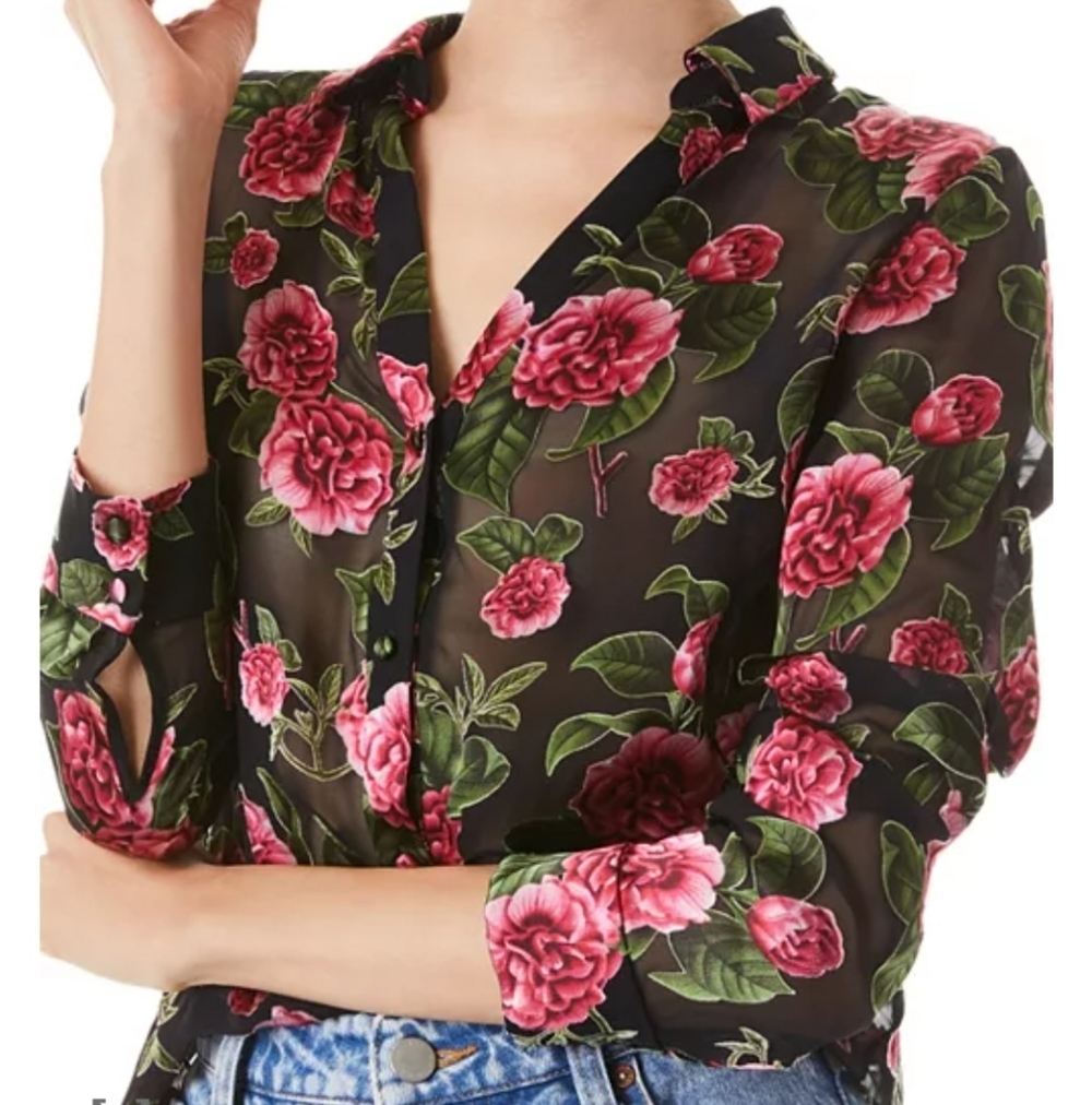 Alice And Olivia Eloise Floral Button Down Sheer Blouse Size Xs